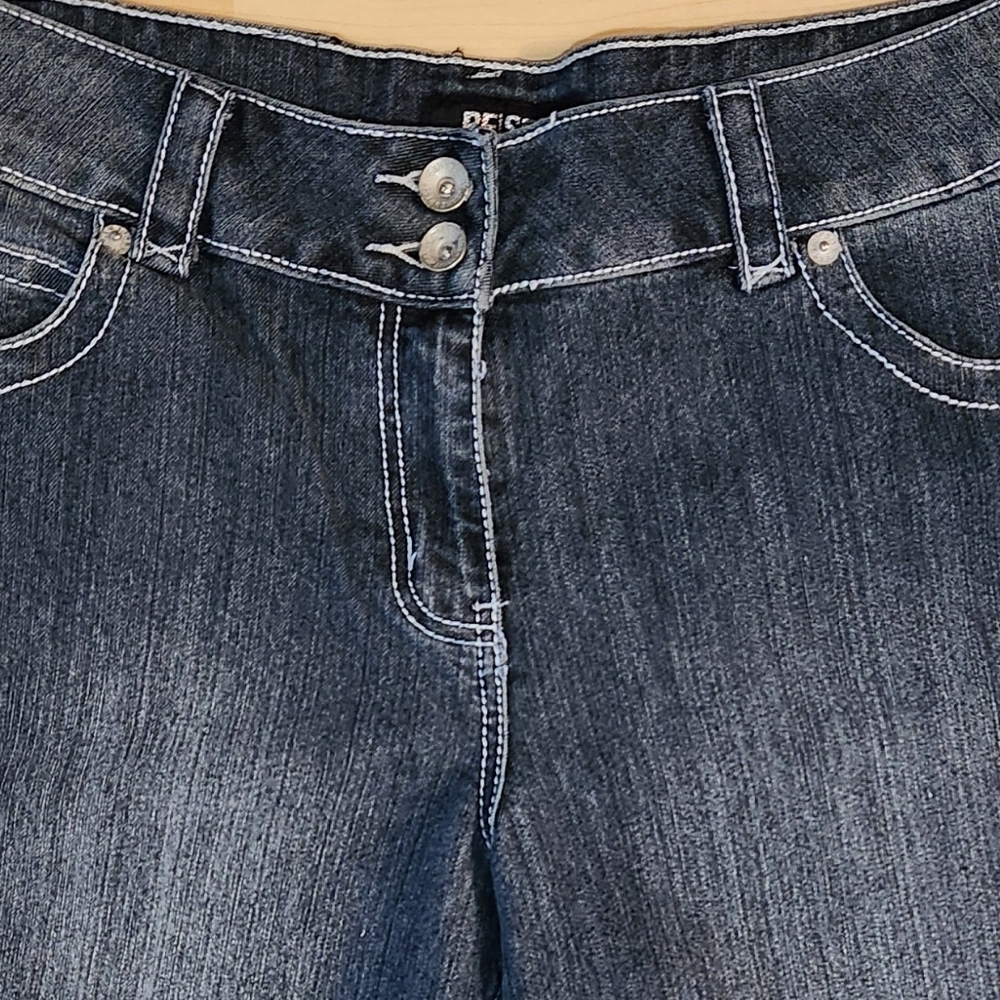RESET Dark Wash Cropped Kick Flare Jeans Dual Button Fly Embroidered Pocket SZ16 - Picture 4 of 9